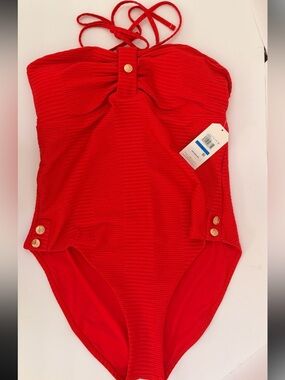 ⚓️Nautica Red Ribbed Women’s One-Piece Swimsuit w/ Gold Buttons